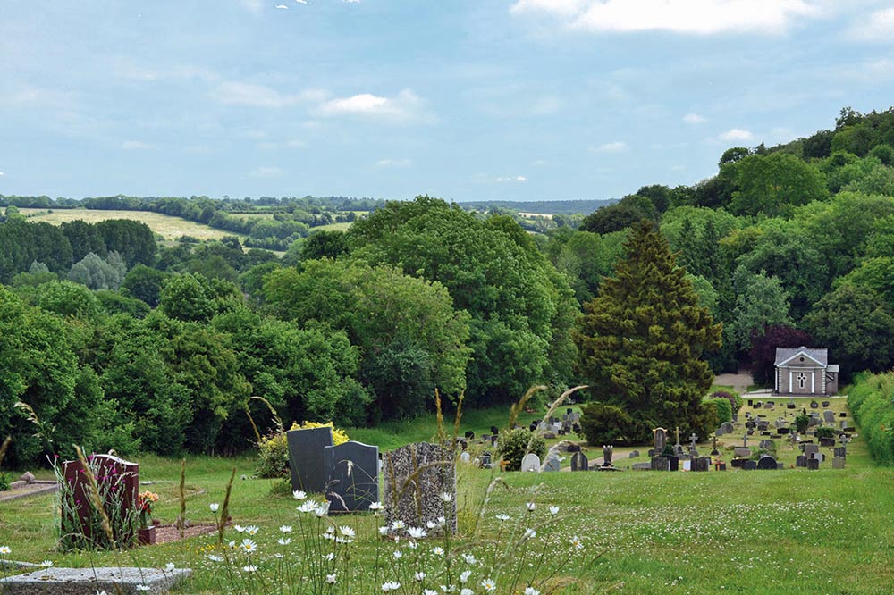 Photo of view from top of hill of Chesham Bois Original Formal Burial Ground.