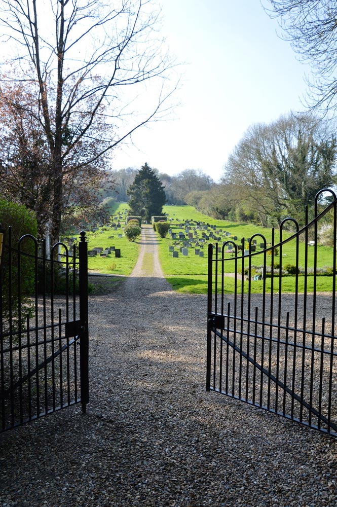 Iron gates at entrance to burial ground.