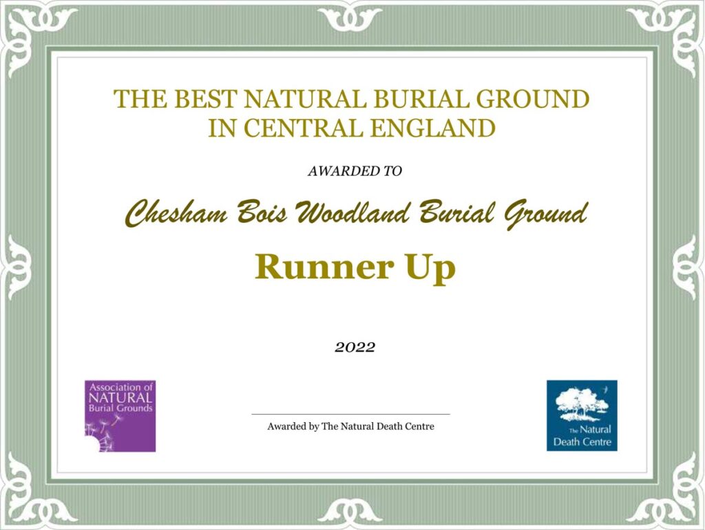 Chesham Bois certificate as runner-up in Best Natural Burial Ground in Central England  