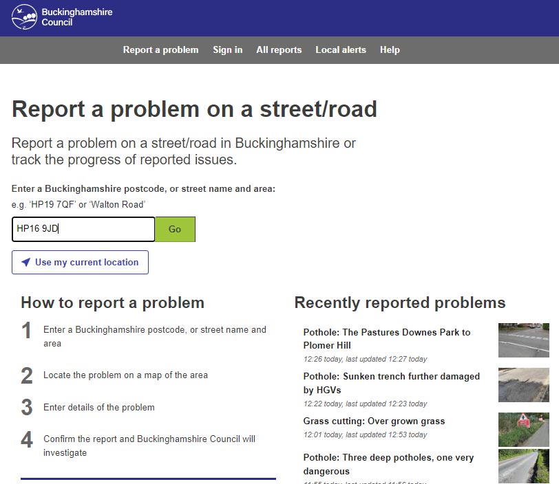 Screenshot of Buckinghamshire Council FixMyStreet