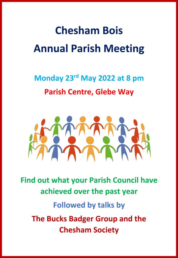 Poster for Chesham Bois Parish Council Annual Parish Meeting 23 May 2022