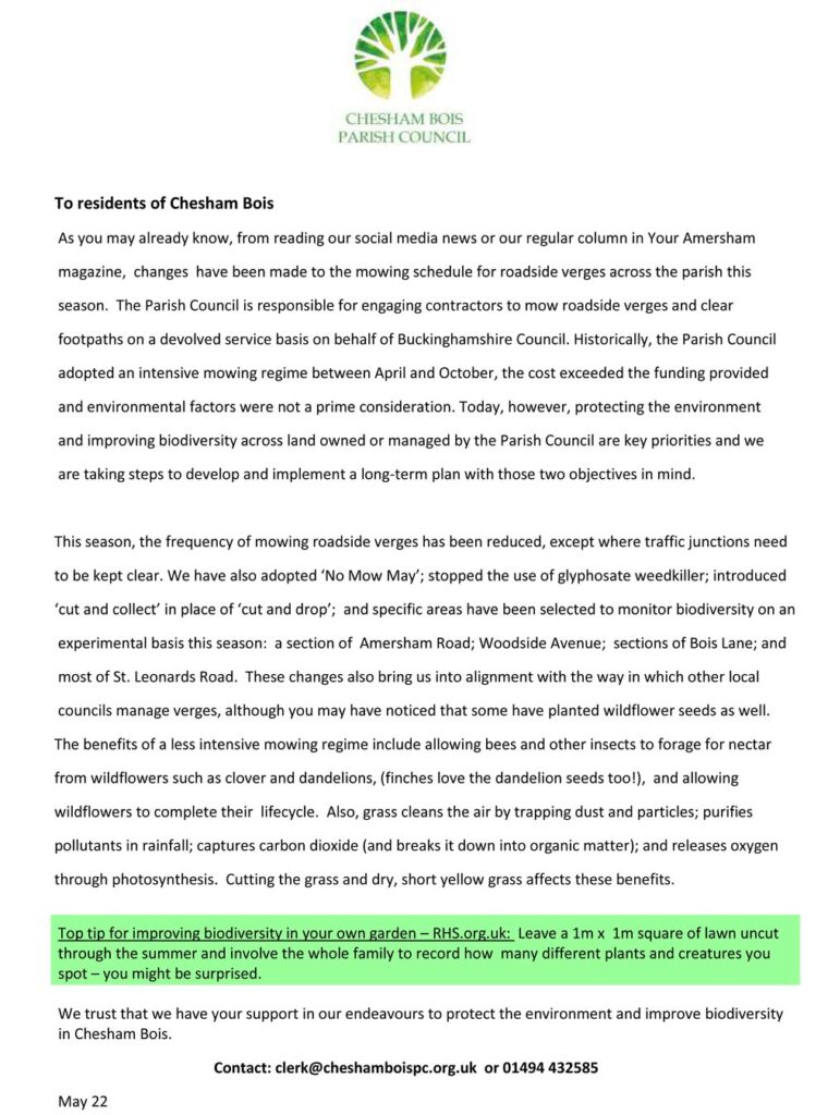 letter explaining change to mowing regime around Chesham Bois May 2022